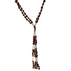 Boho Wooden Beaded Tassel Necklace Red Accent Beads Natural Fashion Jewelry